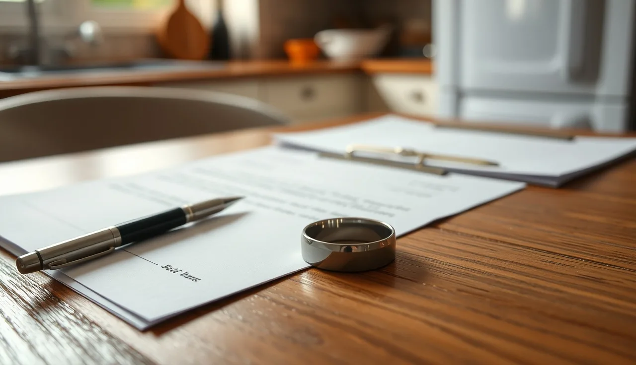 Two wedding rings and a pen on a wooden table beside unsigned divorce papers