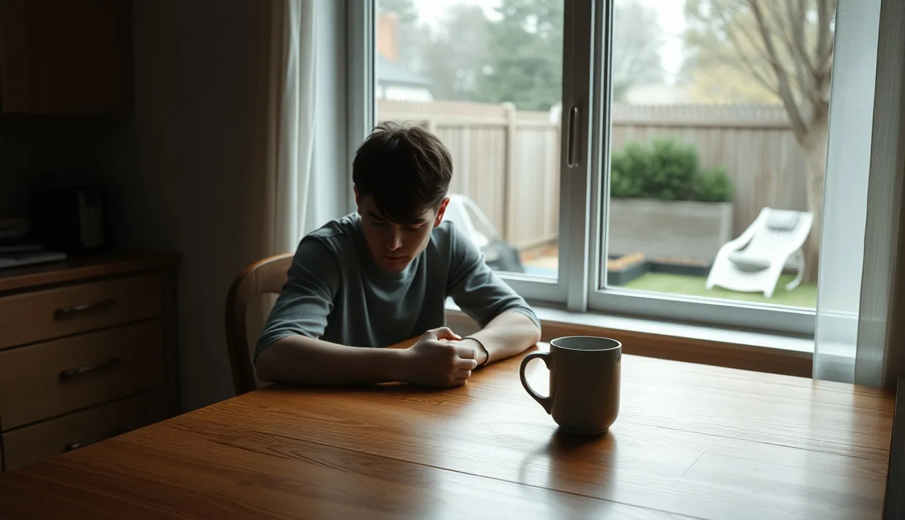 Person sitting alone at kitchen table staring out window, representing a stalled divorce situation