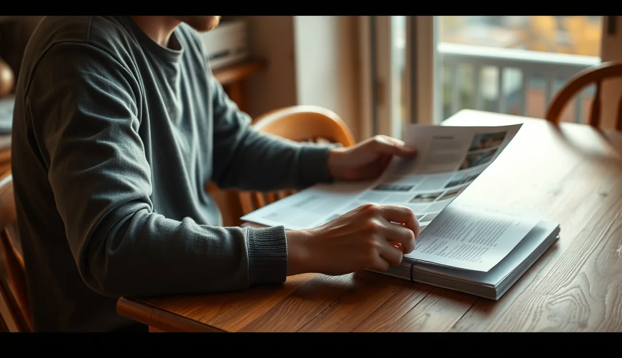 Person reviewing divorce paperwork at a kitchen table in morning light