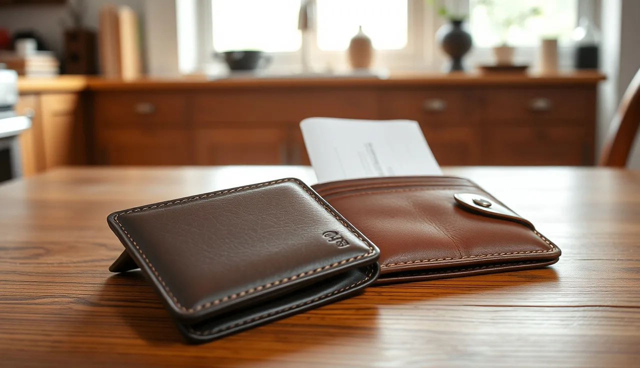 Two wallets on a kitchen table suggesting shared finances in a common law marriage