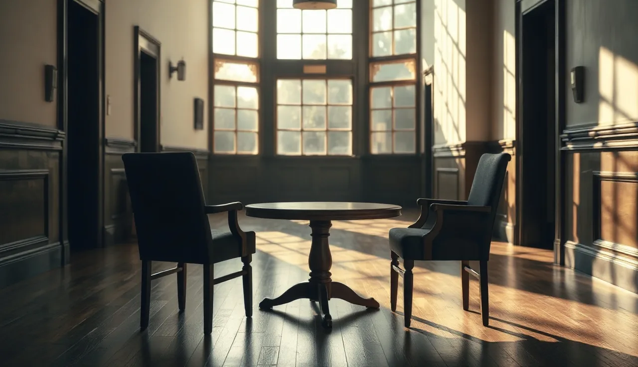 Empty chairs at a courthouse table suggesting an uncontested divorce proceeding