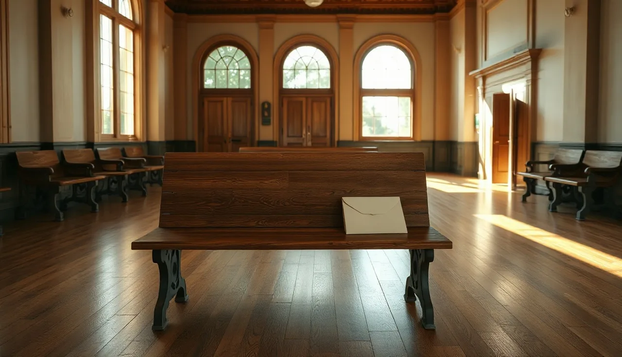 Empty courthouse bench with a manila folder, serving divorce papers without a known address
