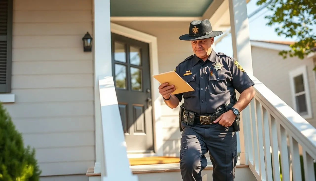 Sheriff deputy carrying legal documents to serve divorce papers at a residential home