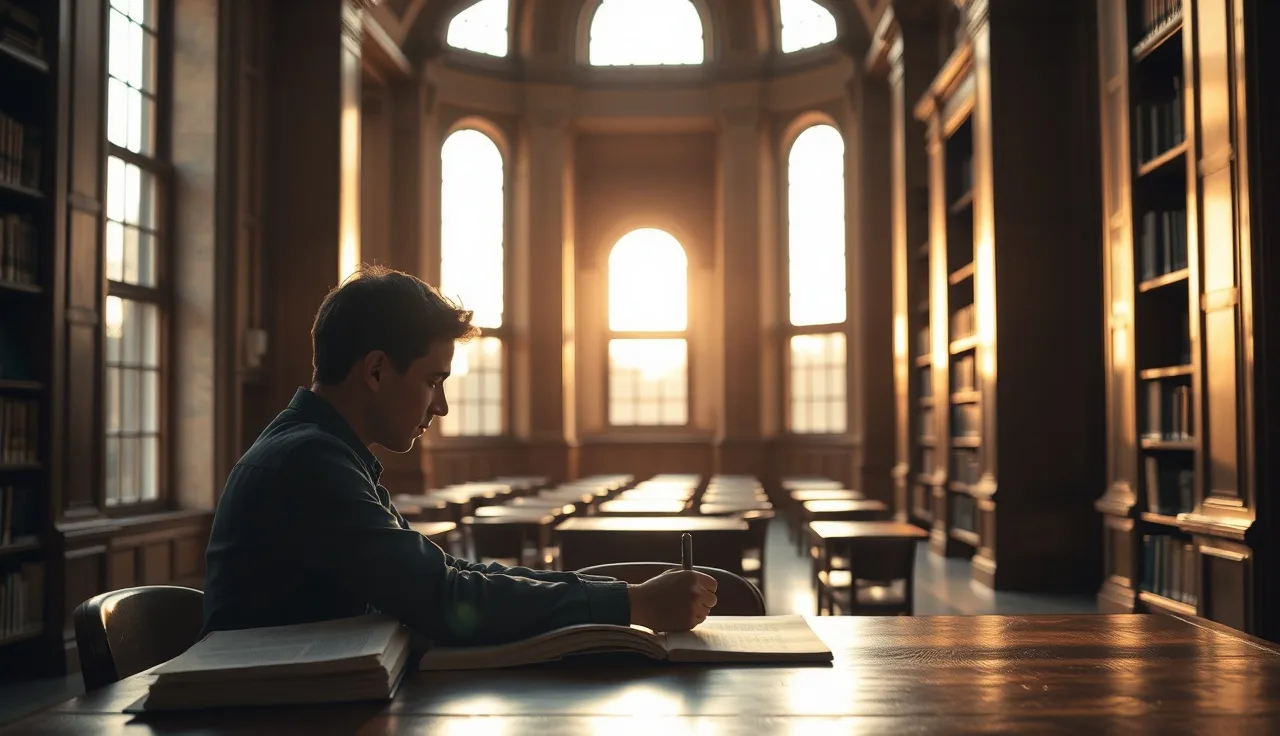 Person taking notes in a quiet county courthouse law library