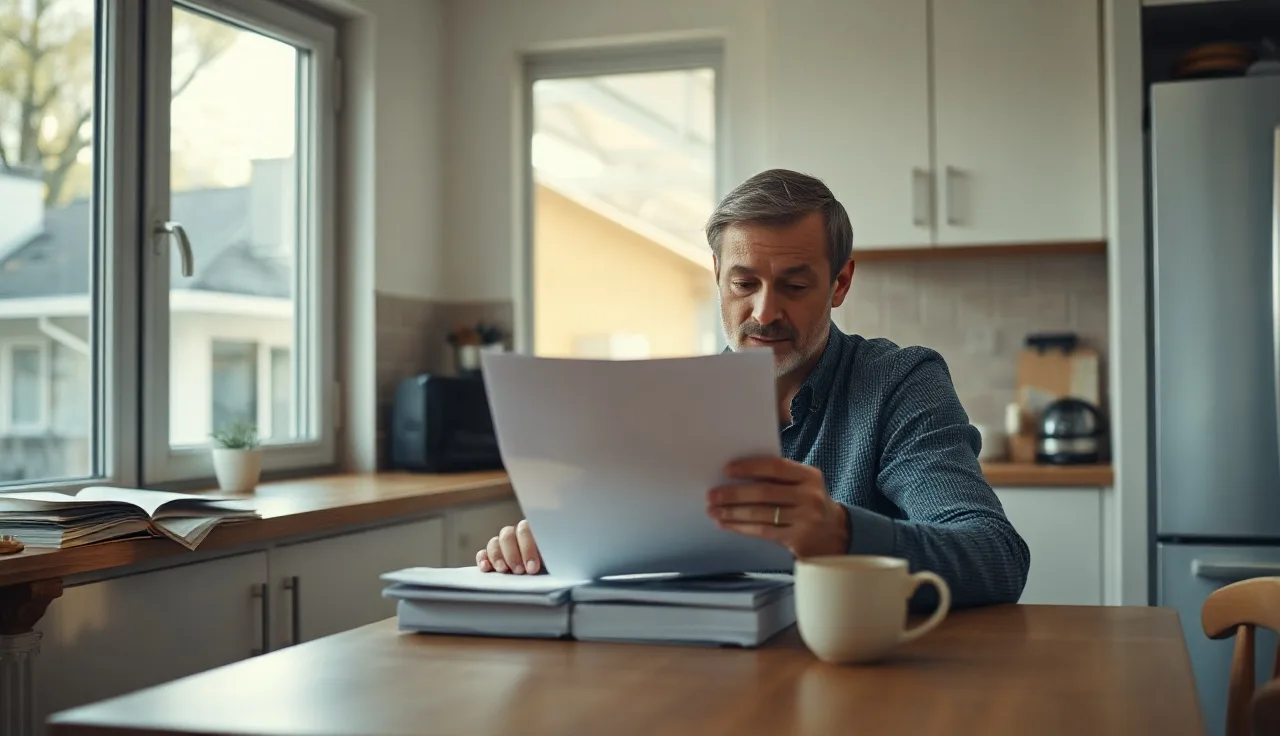 Person reading divorce papers at kitchen table with morning light