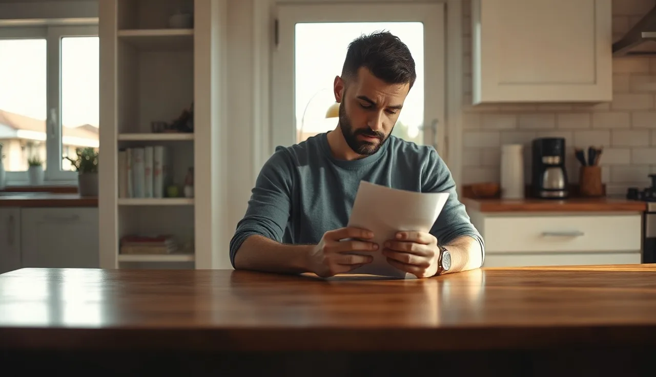 Person at kitchen table holding divorce papers served by spouse