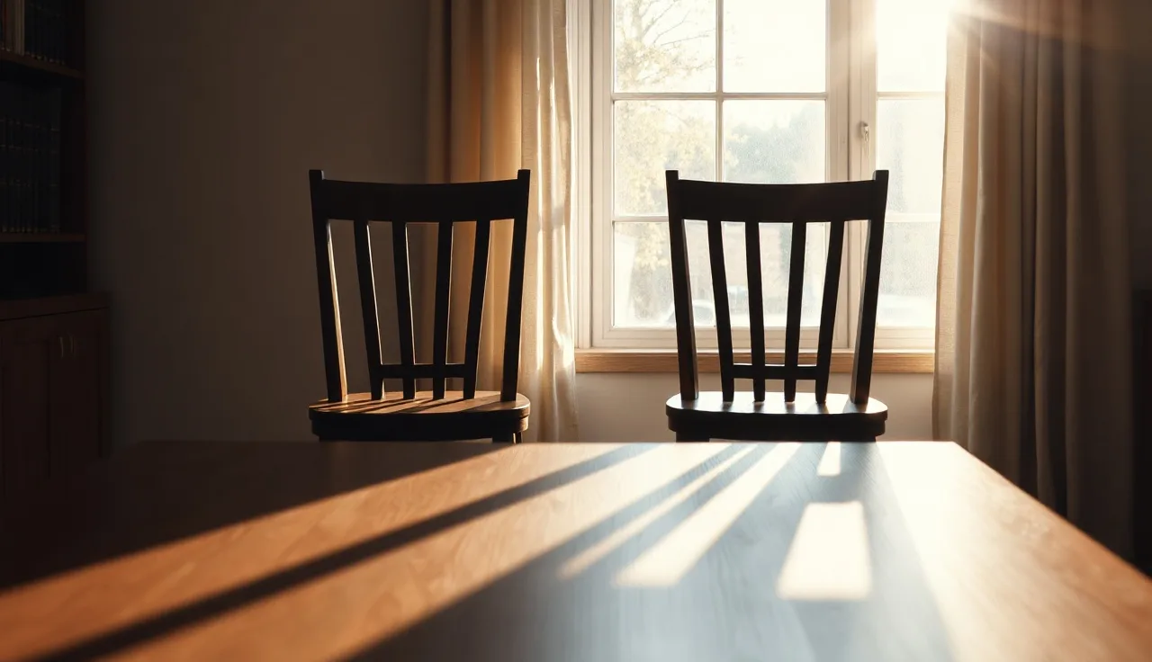 Two empty chairs at a bare table in a sunlit office, suggesting an uncontested divorce proceeding
