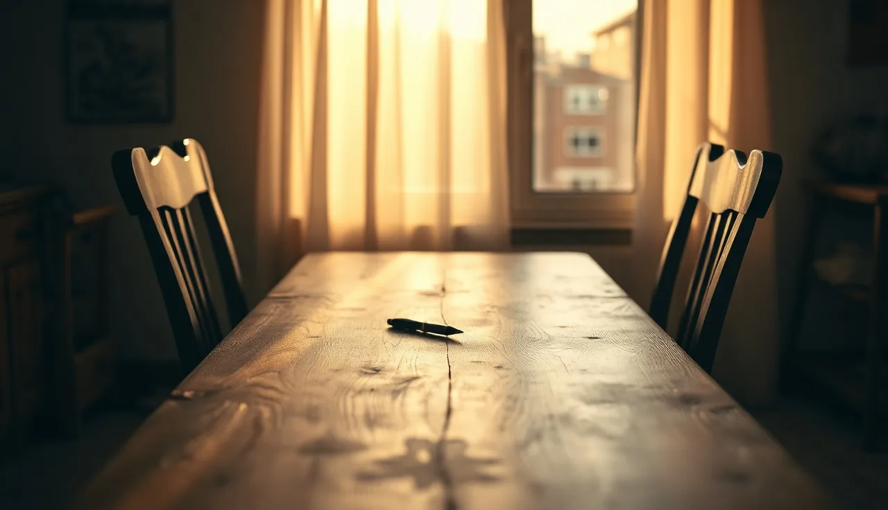 Two empty chairs at a kitchen table representing a divorce conversation