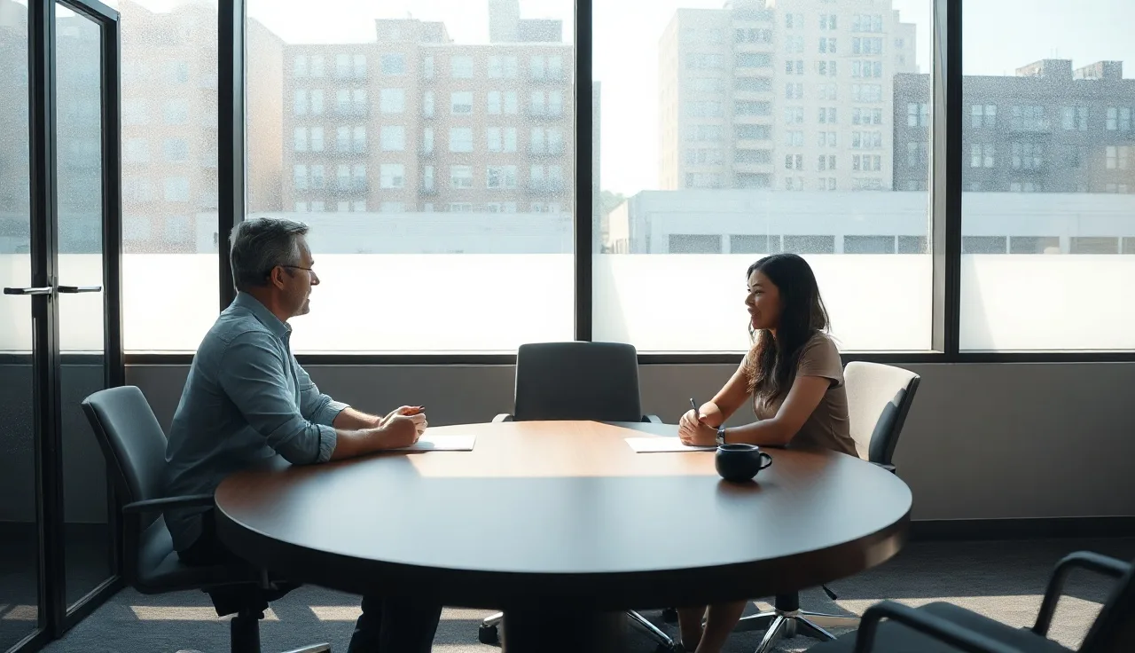Two spouses and a neutral mediator seated at a round table during a mediated divorce session