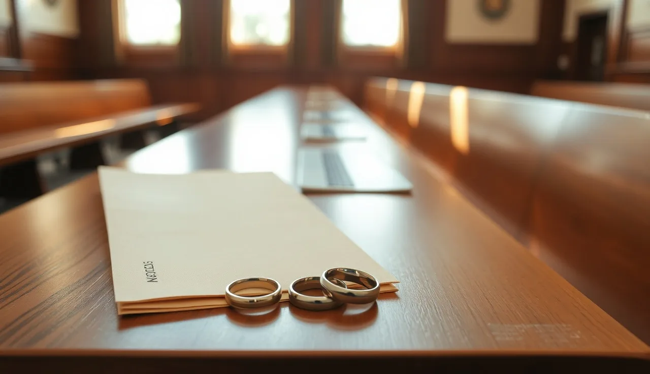 Two wedding rings on a courtroom bench during the divorce process