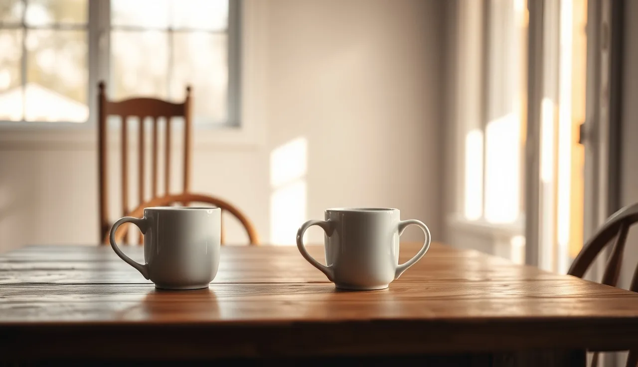 Two coffee mugs on an empty kitchen table suggesting a couple's separation