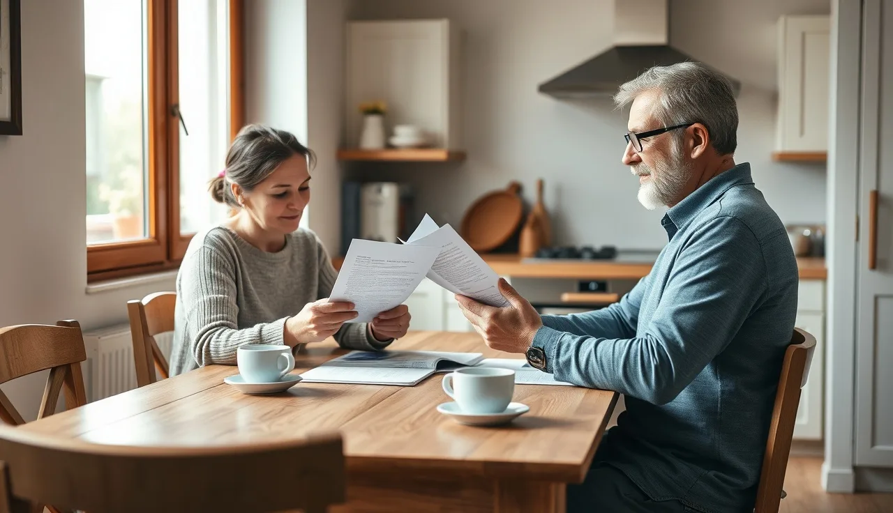 Two spouses reviewing a spousal separation agreement at a kitchen table