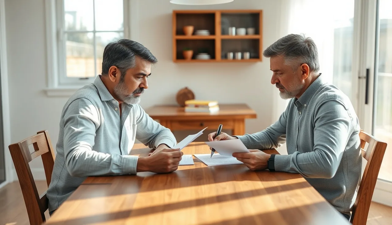 Two spouses reviewing a trial separation agreement at a kitchen table