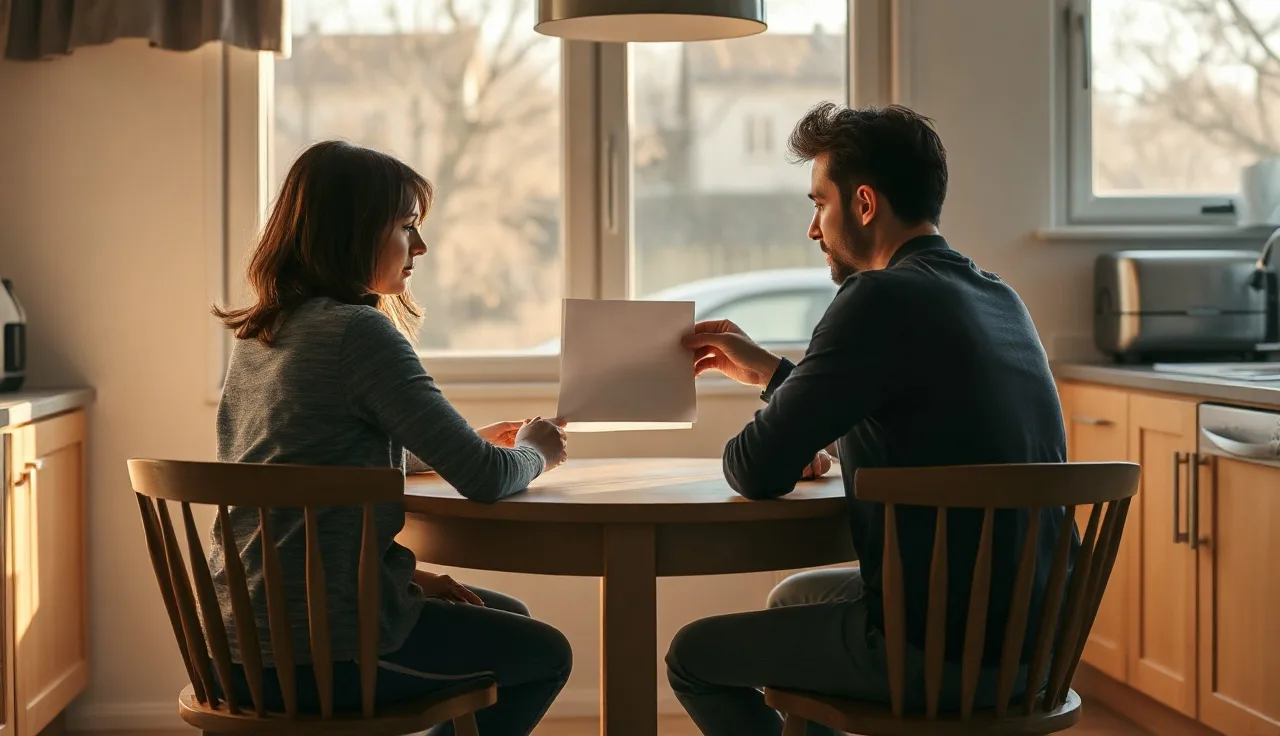 Two adults at a kitchen table exchanging paperwork during an uncontested divorce process