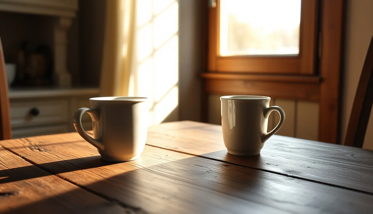Two coffee cups separated on a wooden table in morning light, suggesting distance between spouses