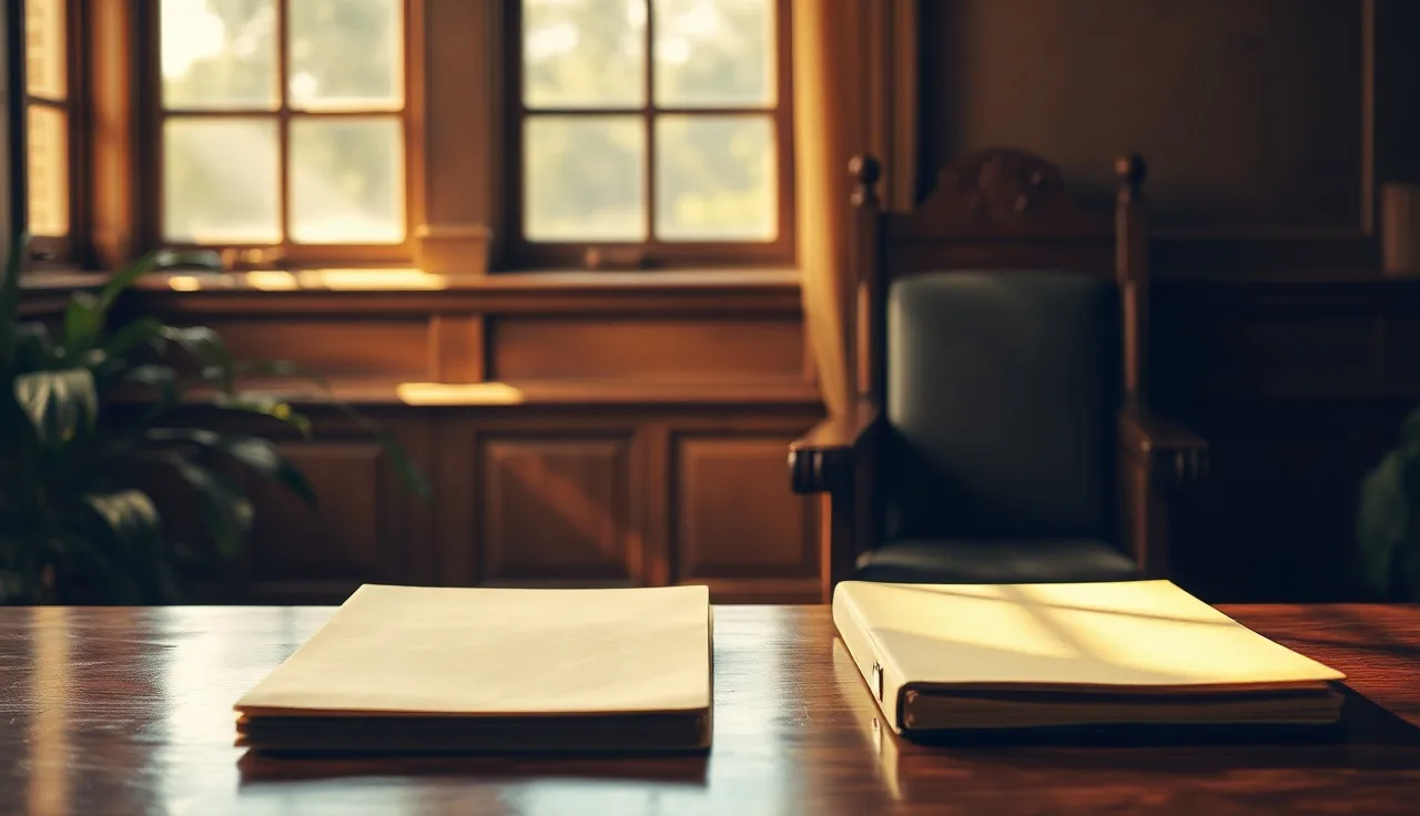Empty courtroom bench with afternoon light and two folders, alimony hearing setting