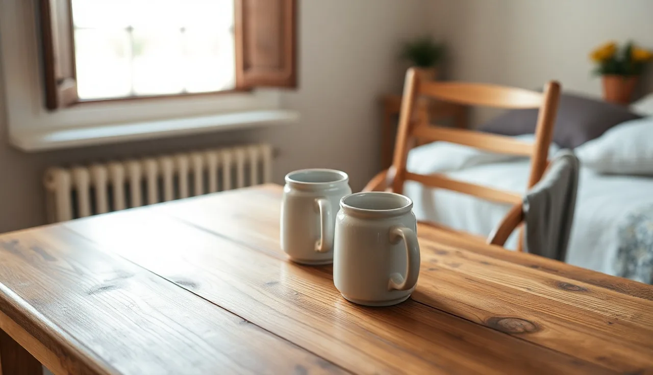 Two coffee mugs on a wooden table with one empty chair, suggesting alimony and divorce