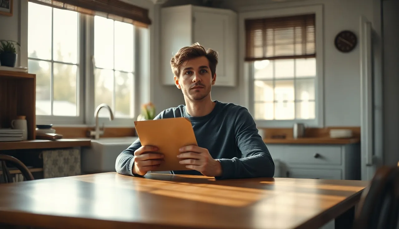 Person at kitchen table holding an official envelope related to divorce papers