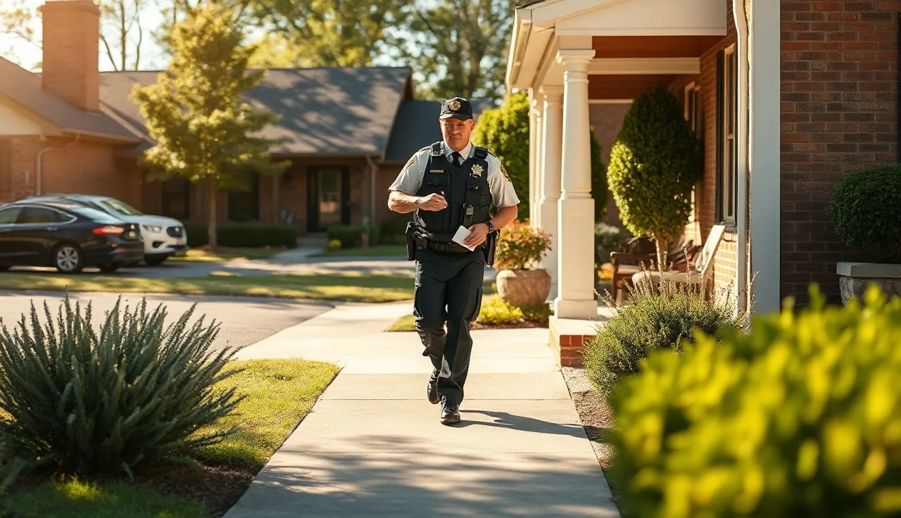 Sheriff's deputy leaving divorce papers on a front porch doorstep