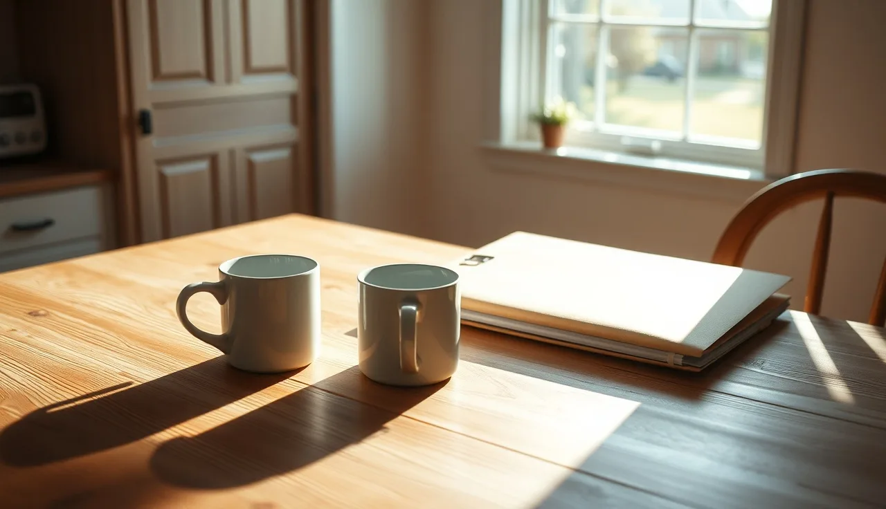 Empty coffee mugs on a kitchen table during a divorce pendente lite process