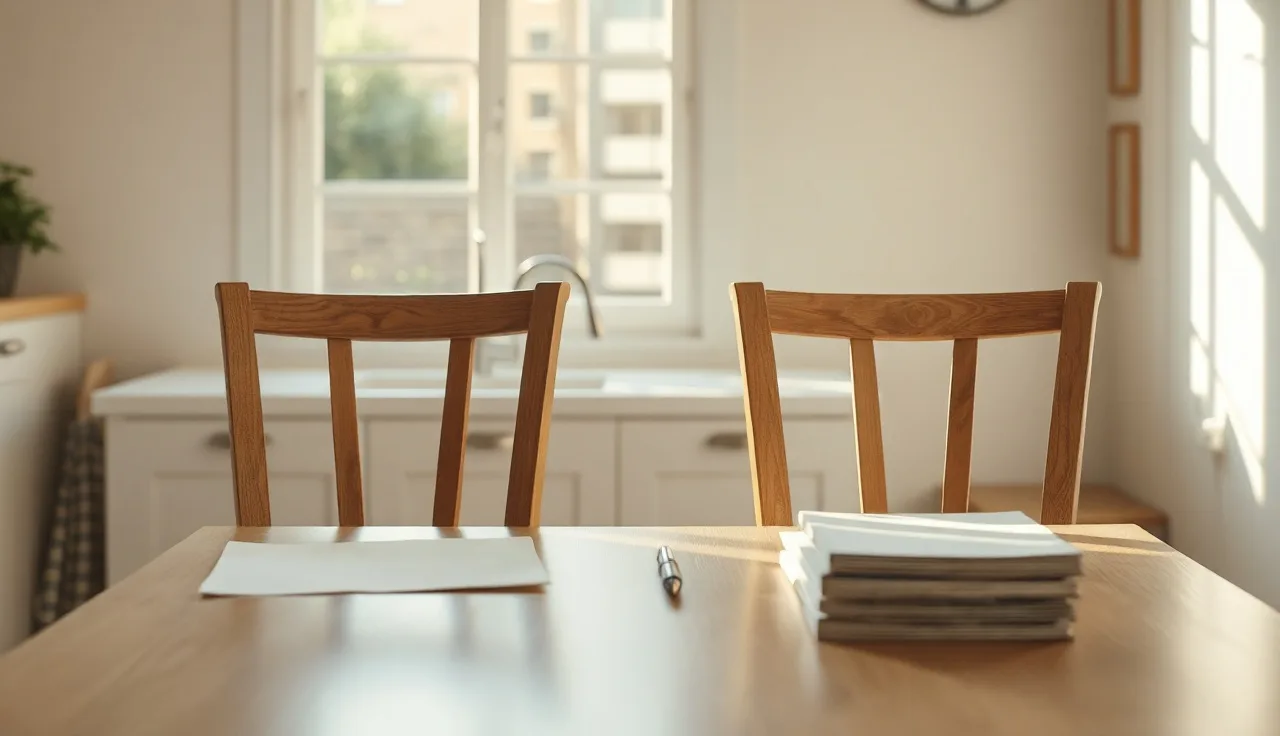 Two empty chairs at a kitchen table with unsigned divorce papers and a pen