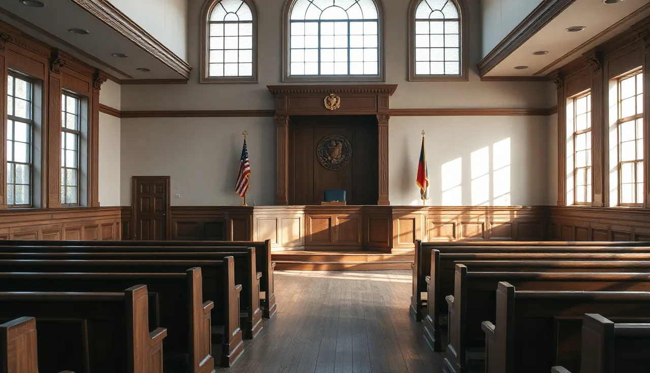 Empty courthouse bench and judge's platform in a quiet divorce courtroom