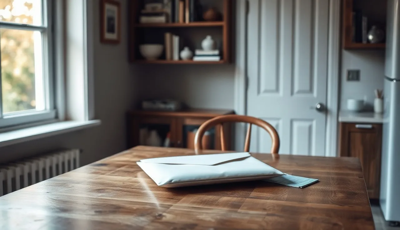 Sealed legal envelope left on a wooden kitchen table, spouse refusing divorce papers