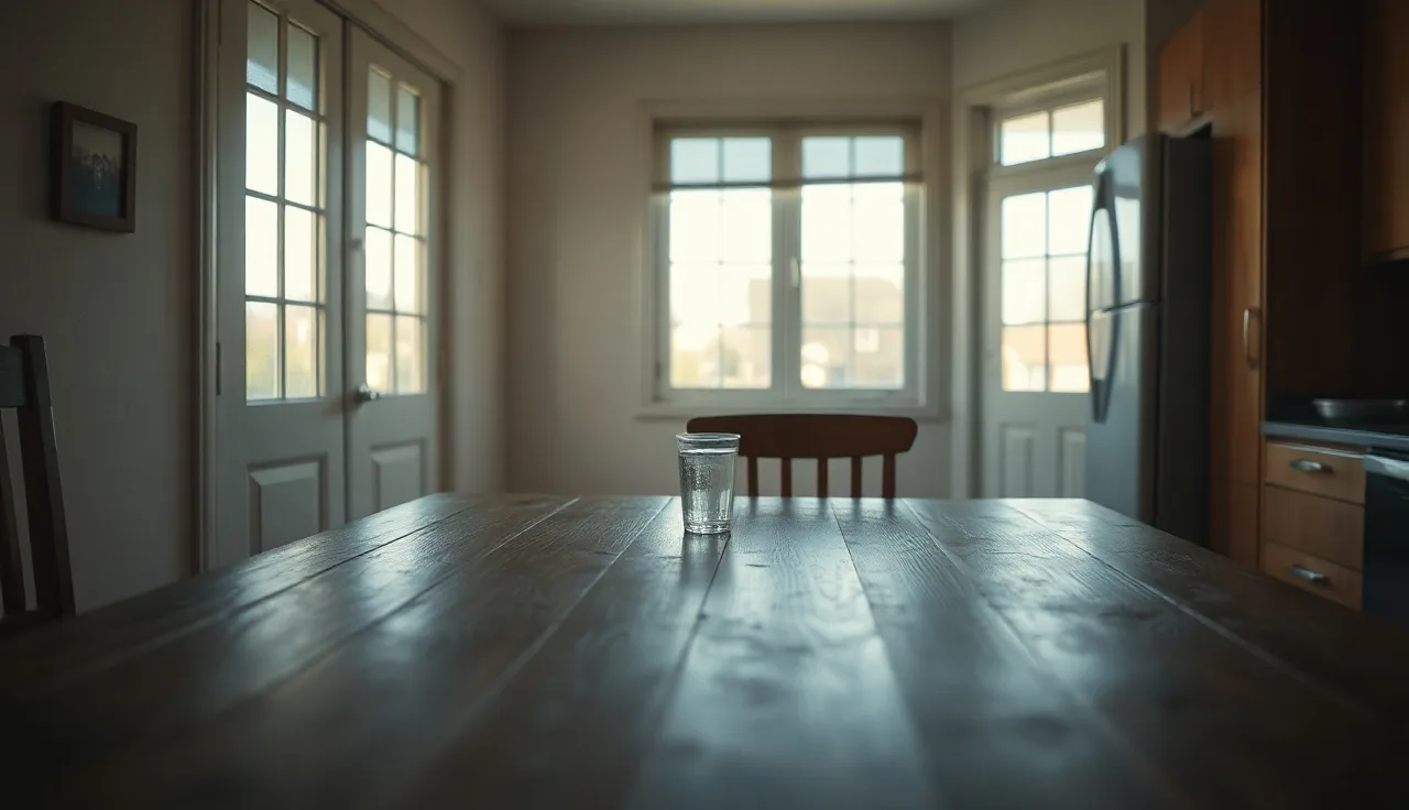 Empty kitchen table with abandoned chair, suggesting one spouse has left the divorce process