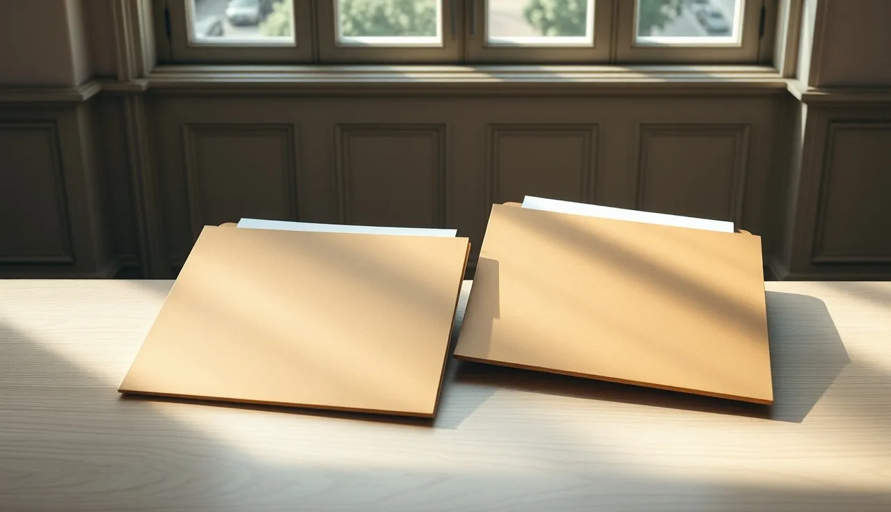 Two open folders on a courthouse bench representing bifurcated divorce proceedings