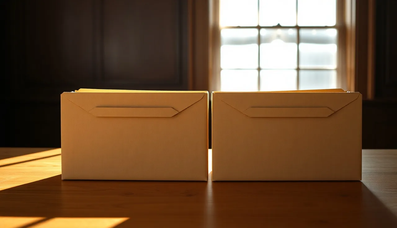 Two folders on a courthouse table representing bifurcated divorce two-phase process