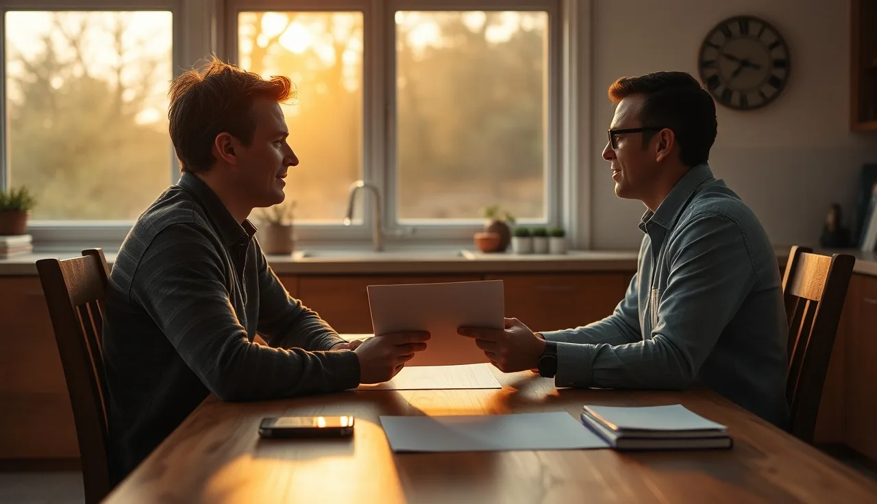Two people at a kitchen table discussing common law marriage paperwork in afternoon light