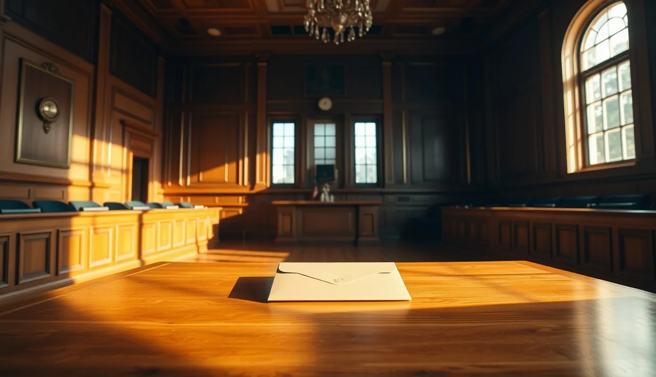 Empty courtroom with a manila envelope on the plaintiff's table, default divorce judgment context