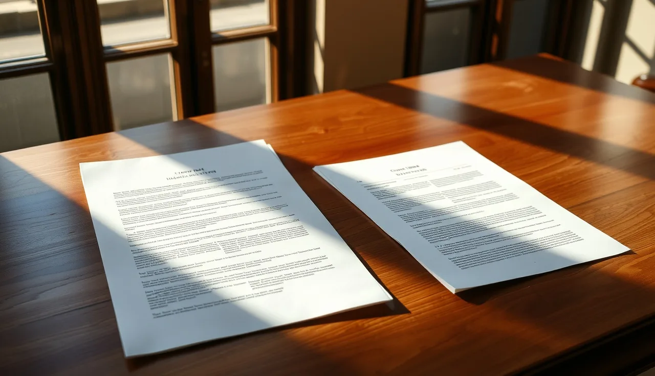 Two stacks of legal papers on a courthouse desk representing a divorce complaint and petition