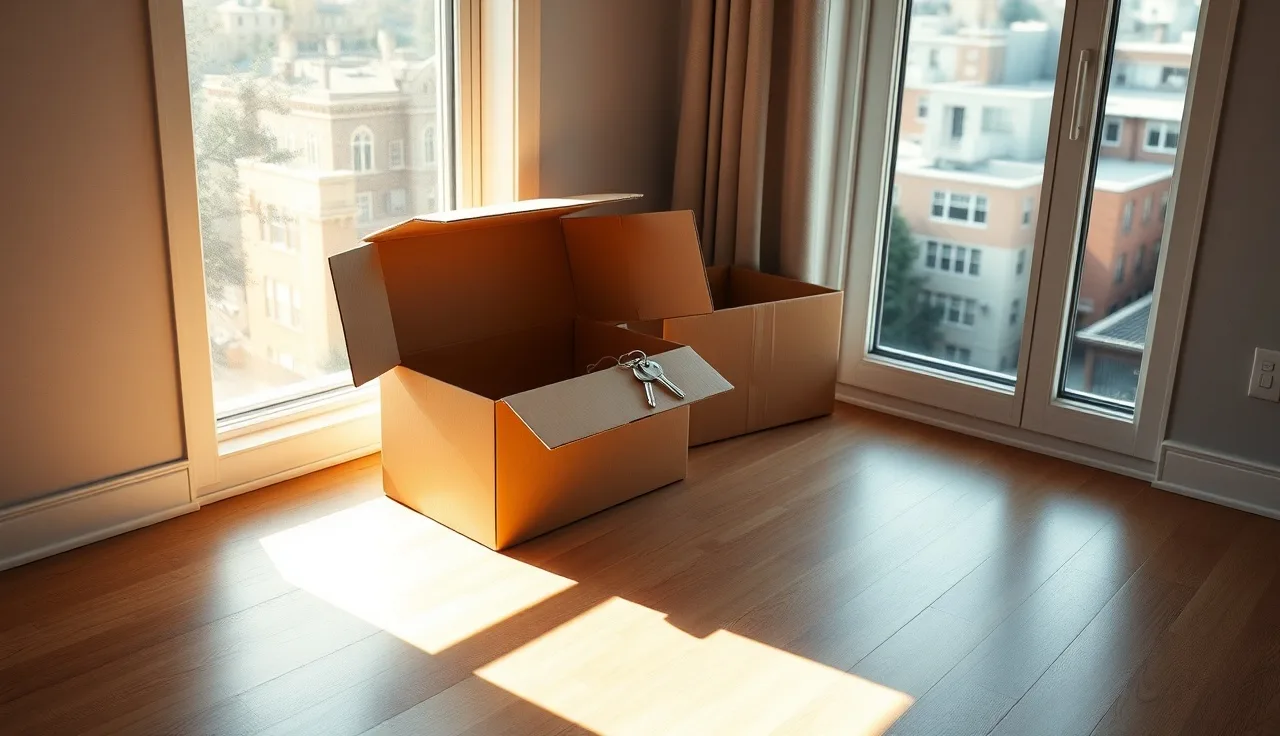 Moving boxes and house keys in a sunny apartment, representing establishing a new home state for divorce