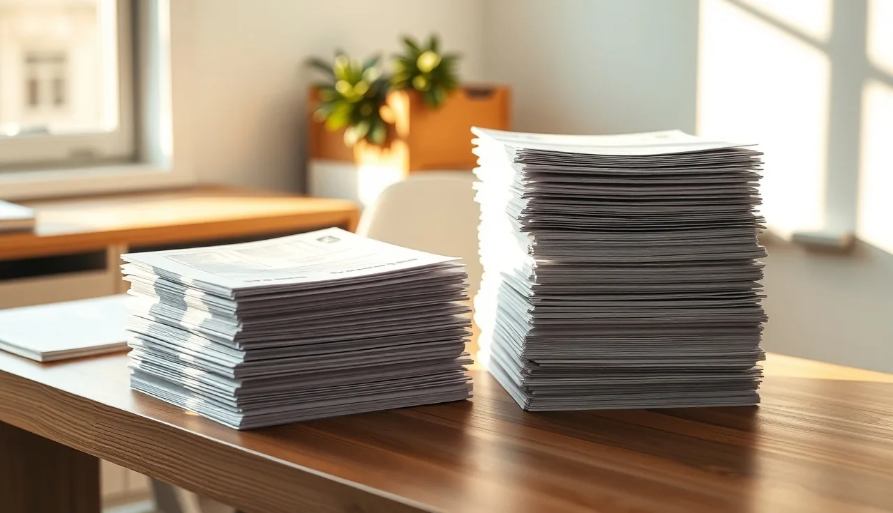 Two stacks of divorce paperwork on a wooden desk compared side by side