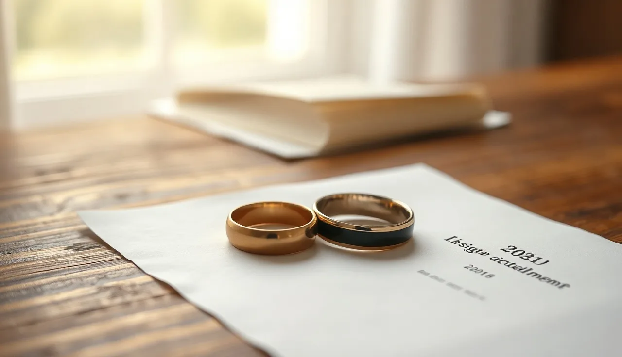 Two gold wedding rings separated on a wooden table, representing no-fault divorce
