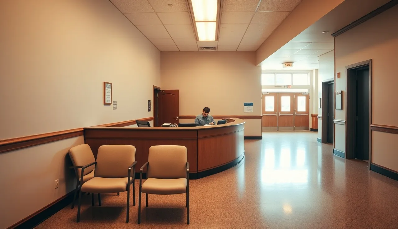 Empty courthouse self-help counter with staff reviewing paperwork in morning light