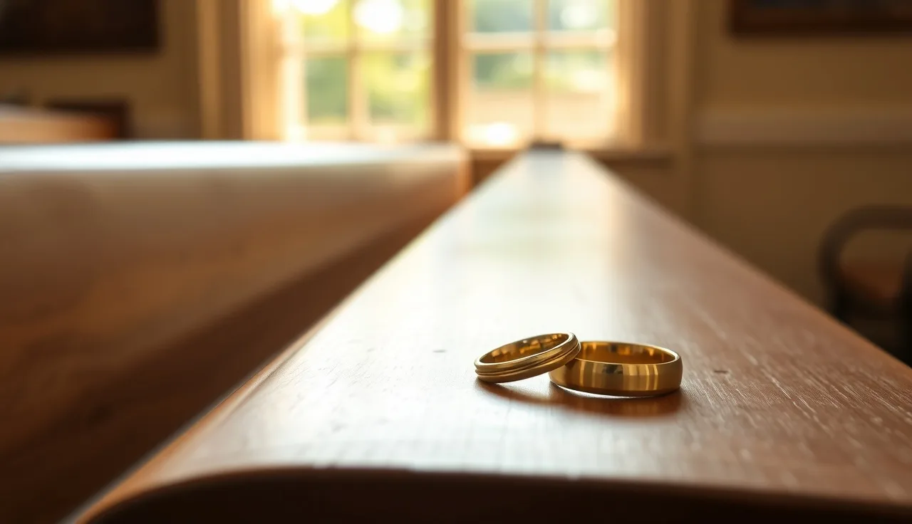 Two wedding rings on a courthouse bench representing a status only divorce proceeding