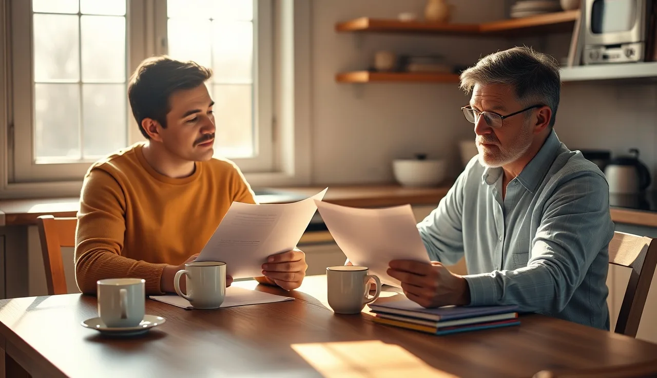 Two adults reviewing divorce settlement documents together at a kitchen table