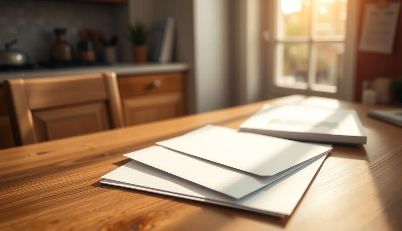 Legal documents and an envelope on a kitchen table related to a divorce summons