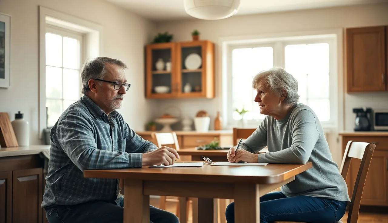Two spouses reviewing alimony paperwork at a kitchen table in morning light