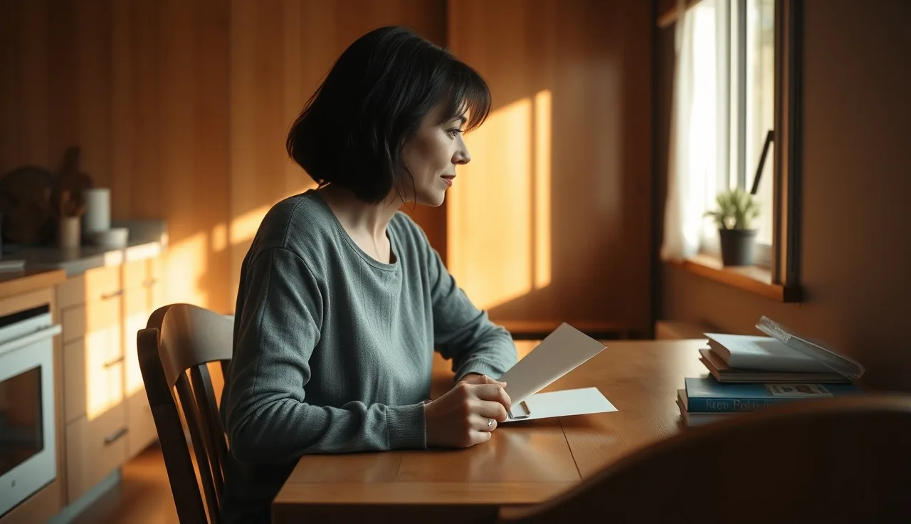Woman sitting at kitchen table with envelope, looking toward window for safety
