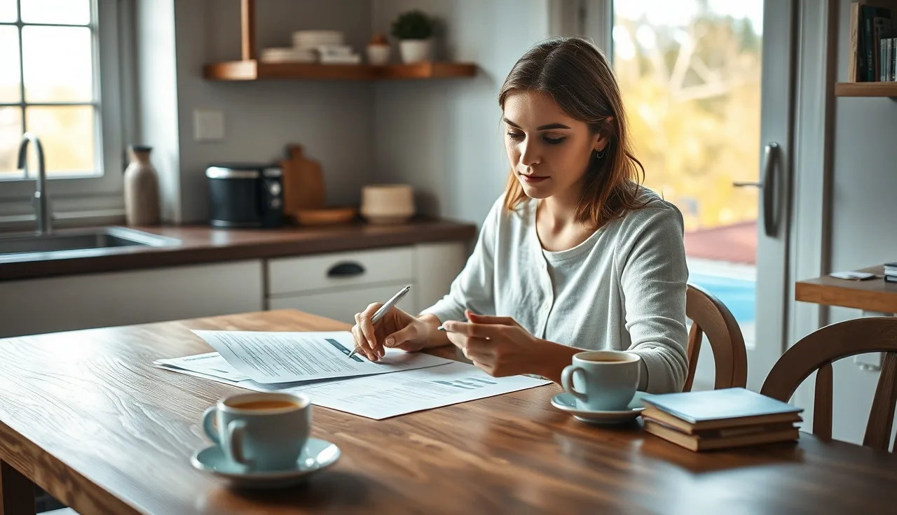 Woman reviewing divorce paperwork at a kitchen table with morning light