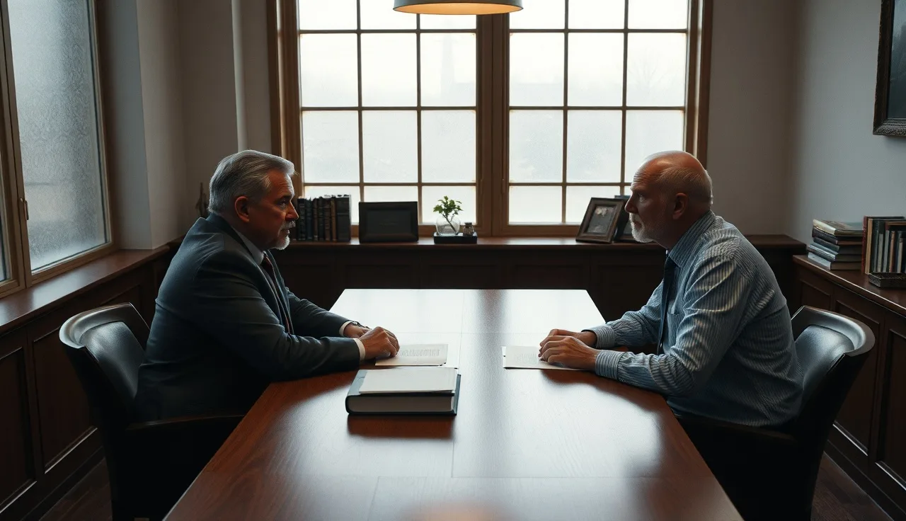 Two people seated across a table in a law office during a divorce consultation