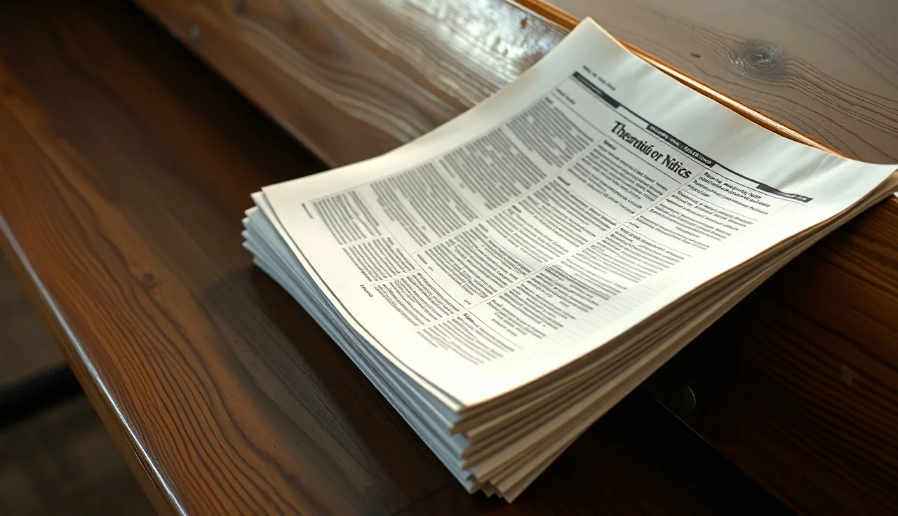 Open newspaper with legal notices on a courthouse bench, representing service by publication in divorce