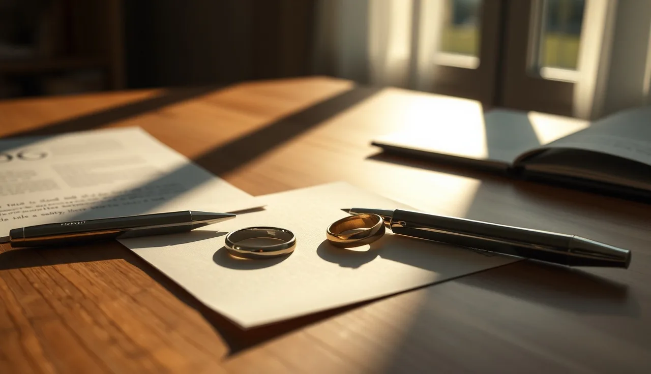 Two wedding rings on a table beside papers, representing spousal support in divorce