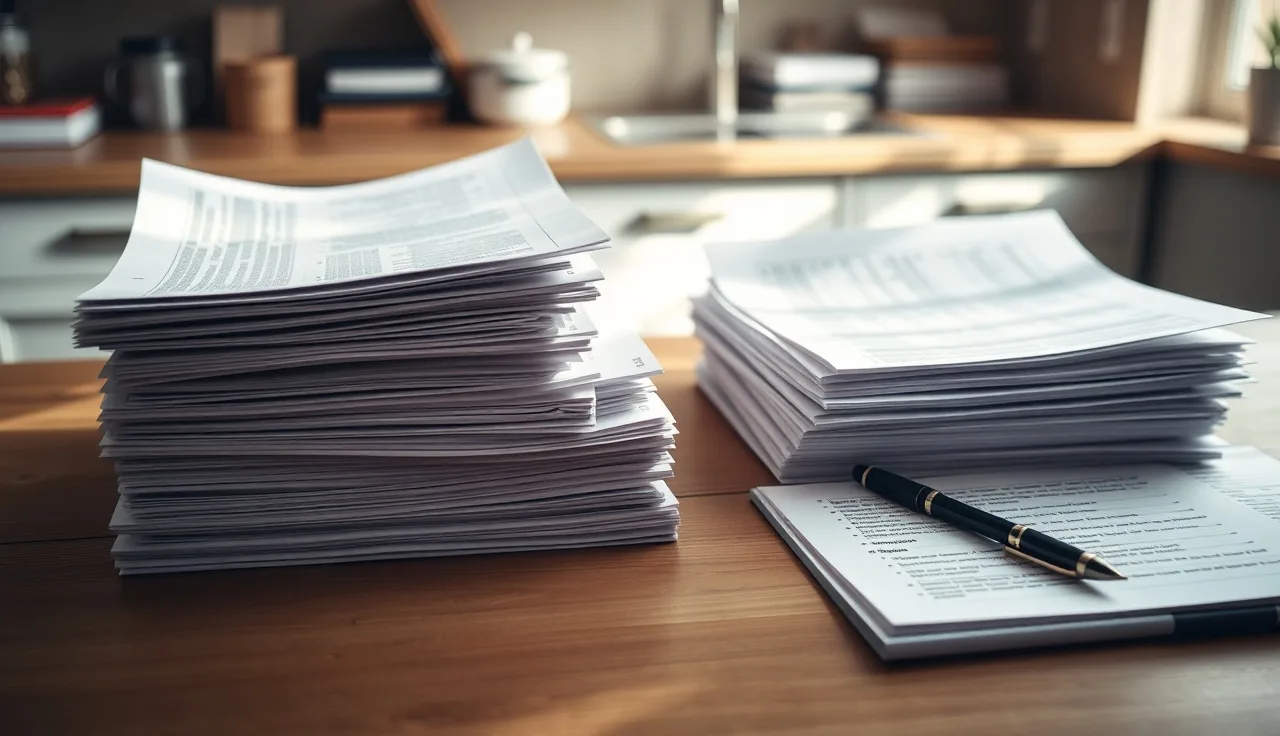 Two stacks of divorce paperwork on a kitchen table comparing preparation methods
