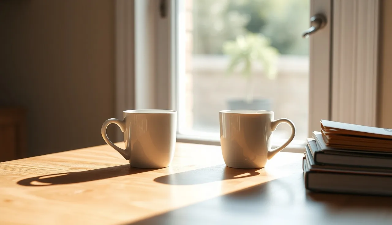 Two coffee mugs sitting apart on a kitchen table, representing legal separation and divorce