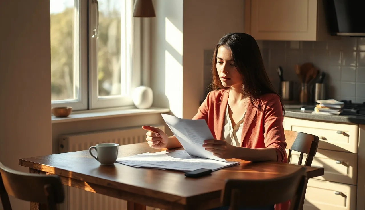 Woman reviewing alimony and divorce documents at a sunlit kitchen table