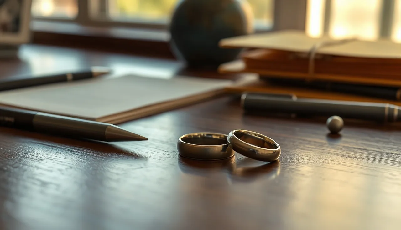 Two wedding rings on a table beside a pen and folder, divorce process concept